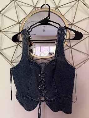 12th Tribe Dark Wash Denim Lace-Up Crop Top